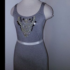 BEBE EMBELLISHED GRAY MAXI DRESS
